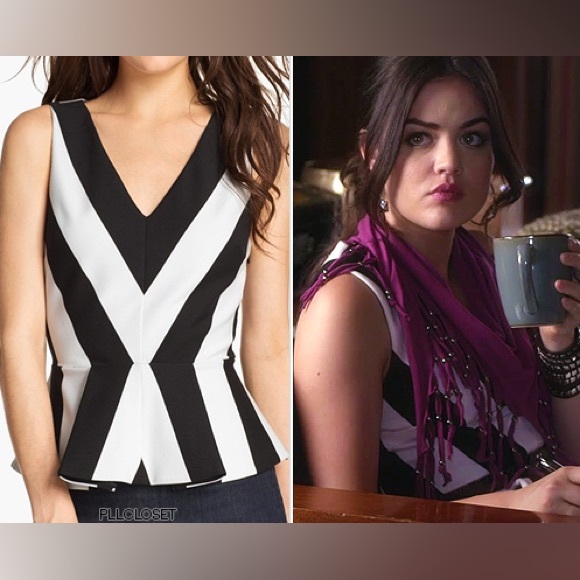 ASO Aria Montgomery Pretty Little Liars Black & White Chevron V-Neck Peplum Top - Picture 1 of 7